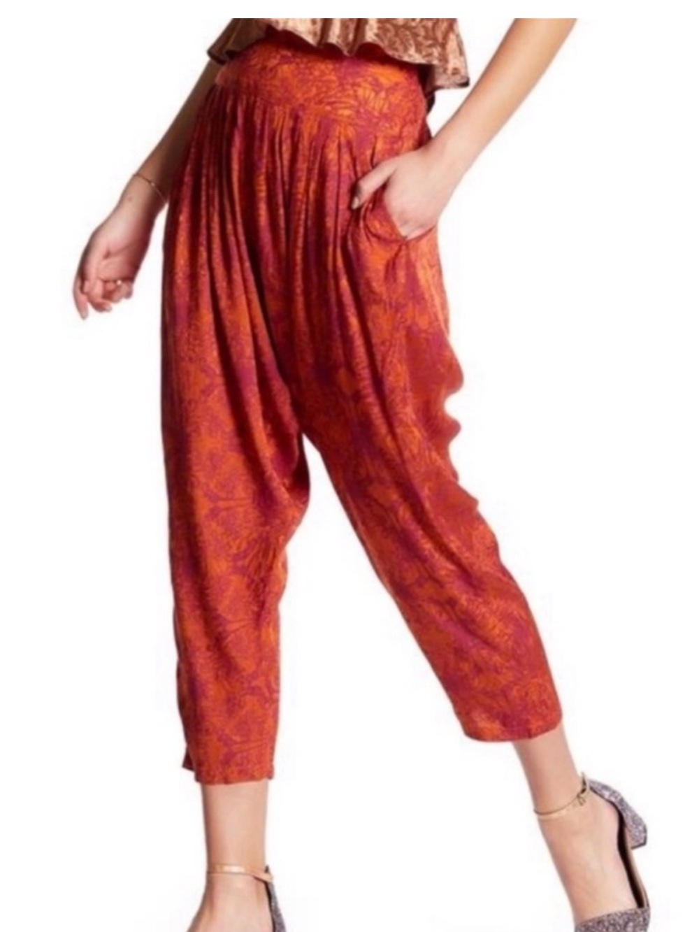 Free People Floral Boho Harem Pants in Dusty Papaya Color Size SP